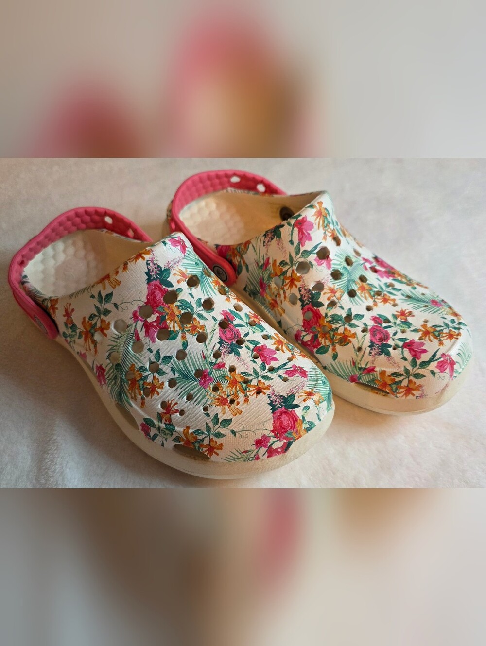 Joybees Floral Garden Clogs Women’s Size 8 Slip On Comfort Shoes Pink White